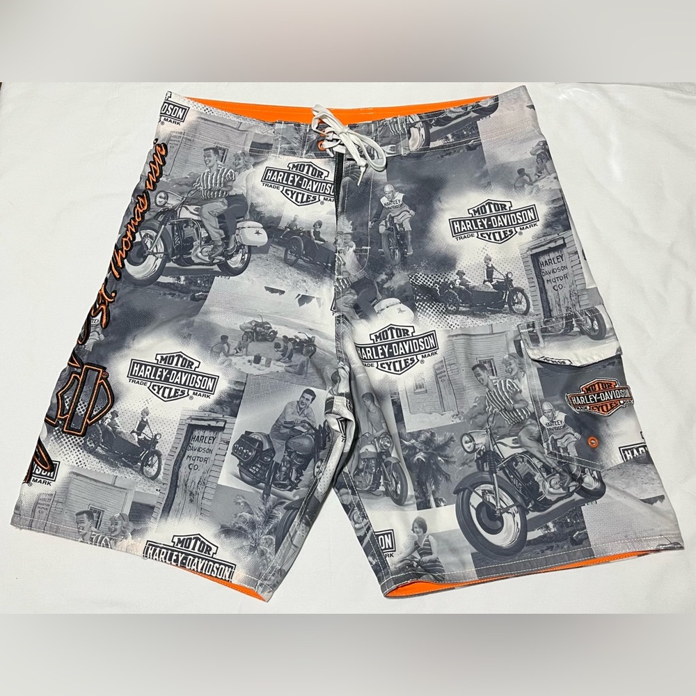 Harley-Davidson Men's Black and Orange Graphic Board Shorts